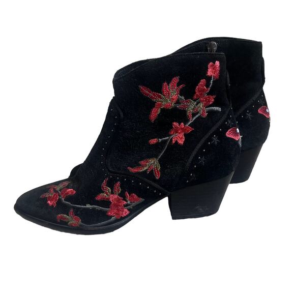 ASH Black Suede Embroidered Ankle Boots Size 37/6.5 Western Floral Zip Booties - Picture 2 of 9